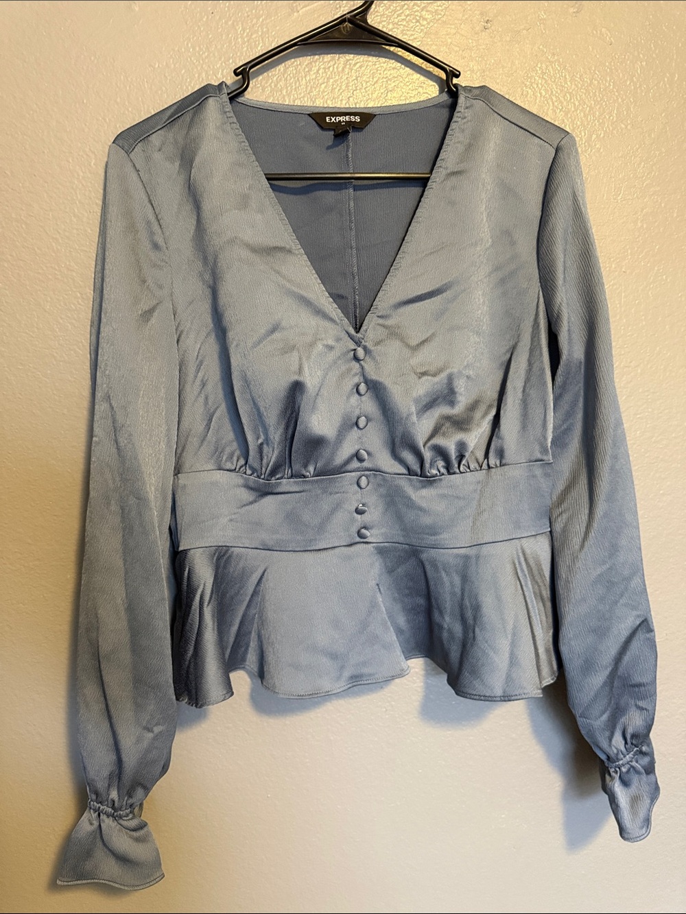 Express Dusty Blue V-Neck Peplum Button-Front Long Sleeve Blouse